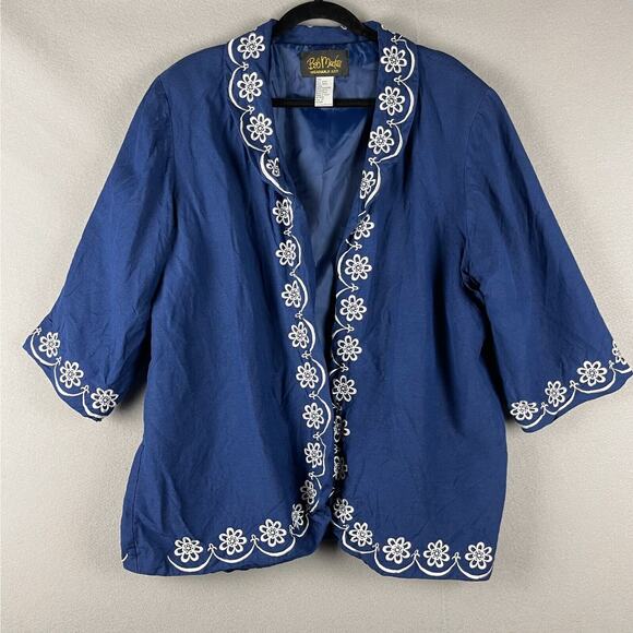 Bob Mackie Cardigan Jacket Womens 2X Blue Floral Embroidered Linen Open Artsy - Picture 1 of 15